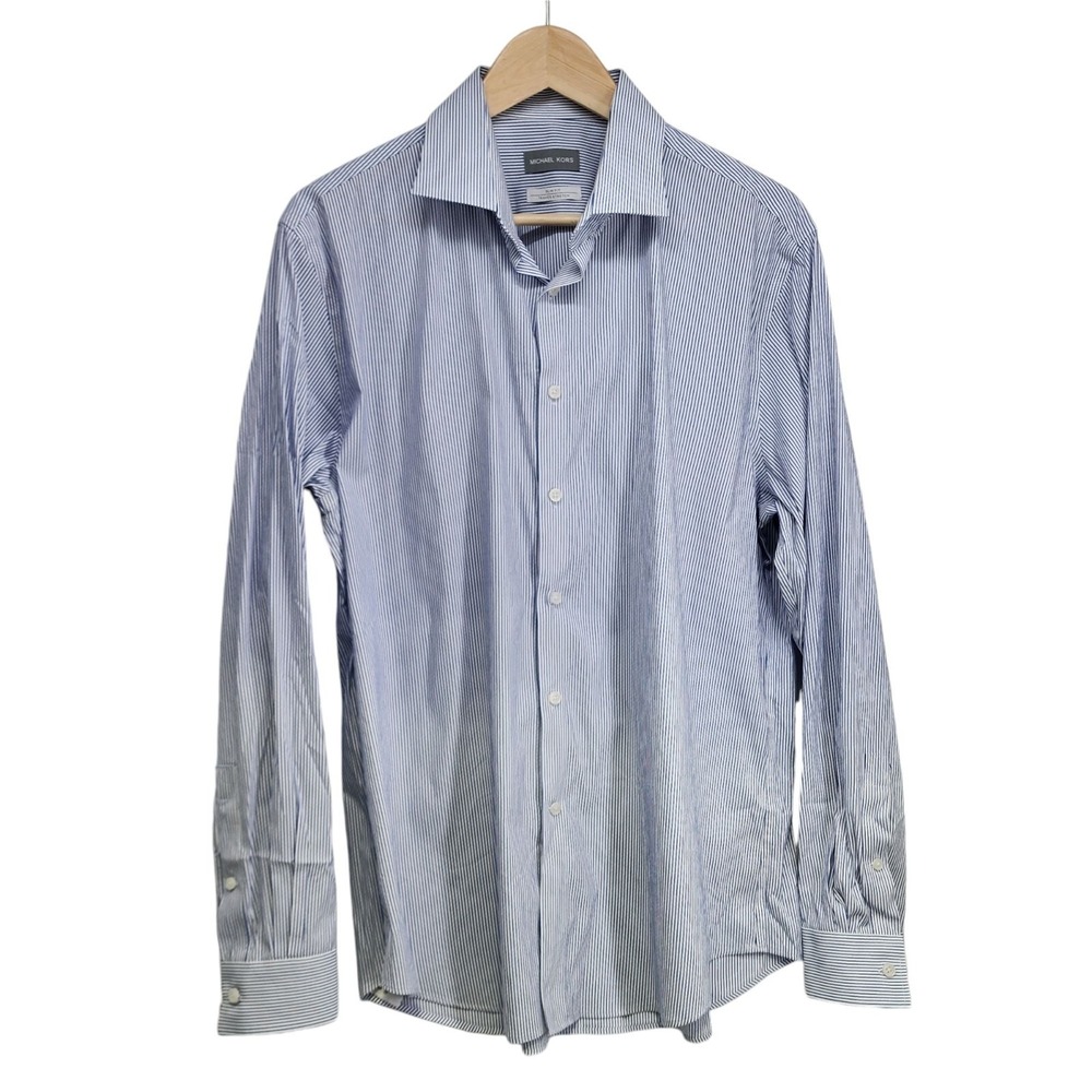 Michael Kors Men Slim Fit Travel Stretch Striped Dress Shirt Blue White 17 34/35